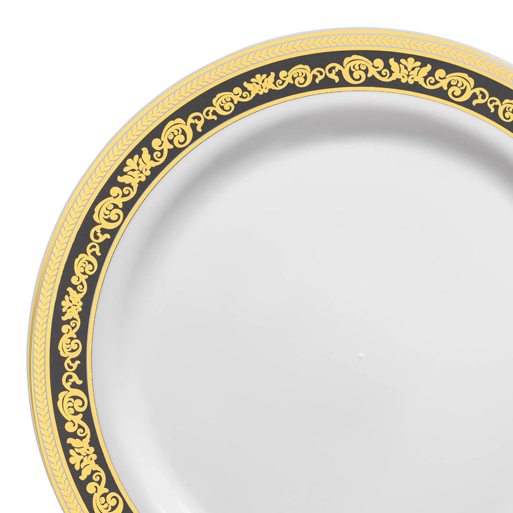 White with Black and Gold Royal Rim Plastic Dinner Plates (10.25")