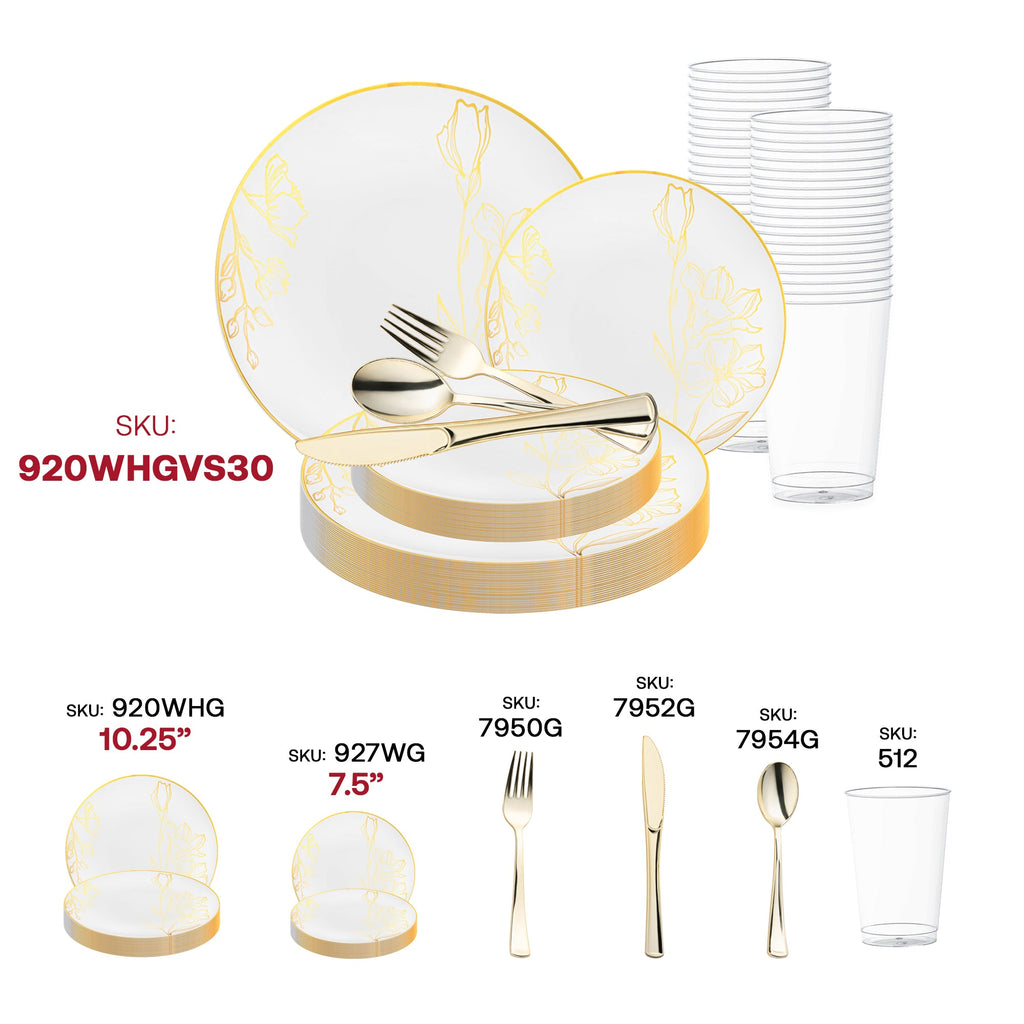 White with Gold Antique Floral Round Disposable Plastic Wedding Value Set