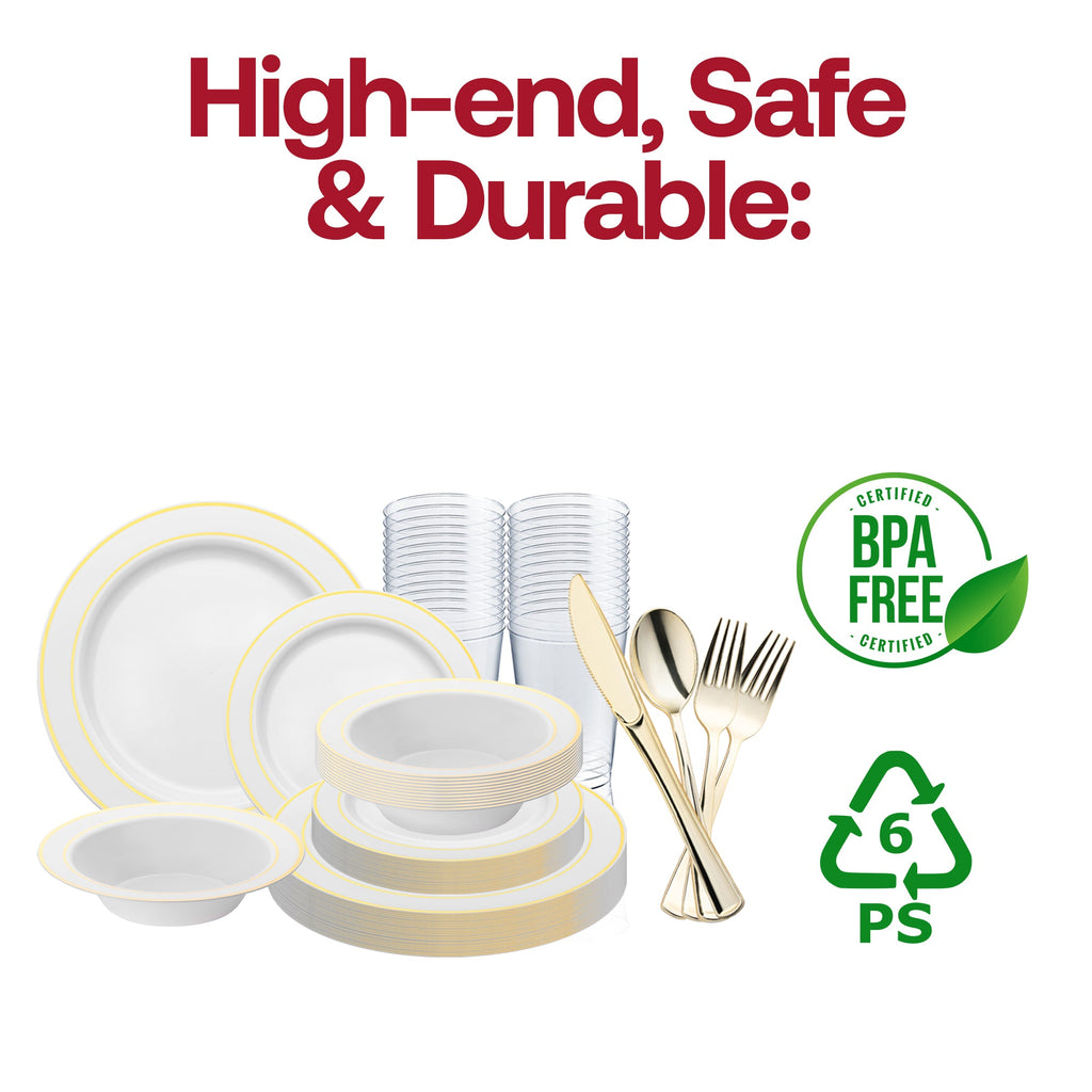 White with Gold Edge Rim Plastic Wedding Value Set - 120 Dinner Plates, 120 Salad Plates, 120 Bowls, 240 Forks, 120 Spoons, 120 Knives, 120 Cups
