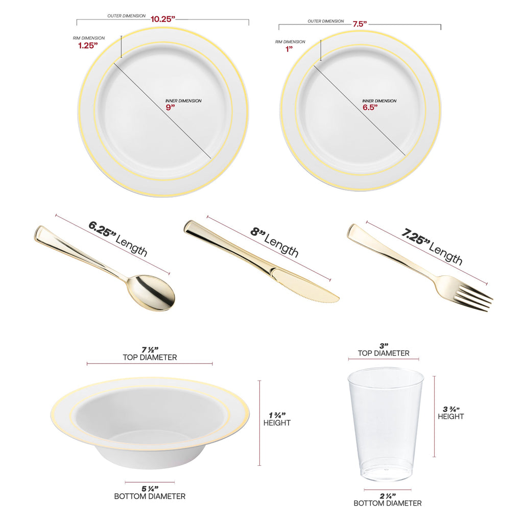 White with Gold Edge Rim Plastic Wedding Value Set - 120 Dinner Plates, 120 Salad Plates, 120 Bowls, 240 Forks, 120 Spoons, 120 Knives, 120 Cups