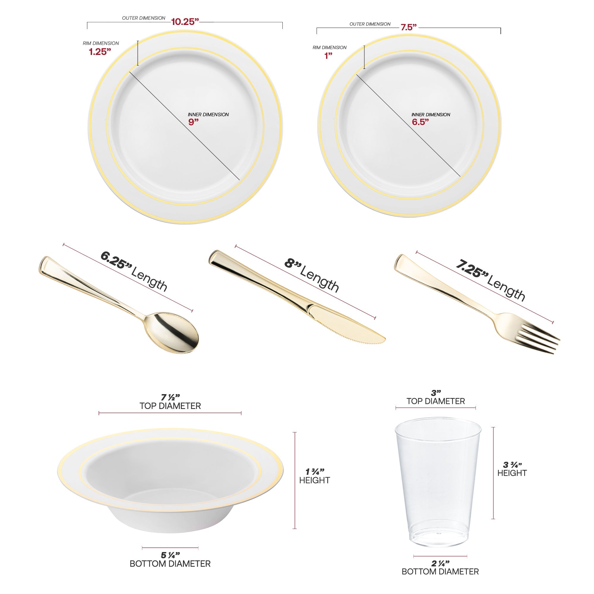 White with Gold Edge Rim Plastic Wedding Value Set - 120 Dinner Plates, 120 Salad Plates, 120 Bowls, 240 Forks, 120 Spoons, 120 Knives, 120 Cups
