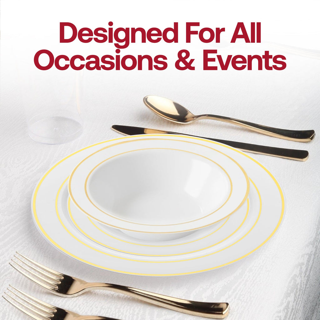 White with Gold Edge Rim Plastic Wedding Value Set - 120 Dinner Plates, 120 Salad Plates, 120 Bowls, 240 Forks, 120 Spoons, 120 Knives, 120 Cups
