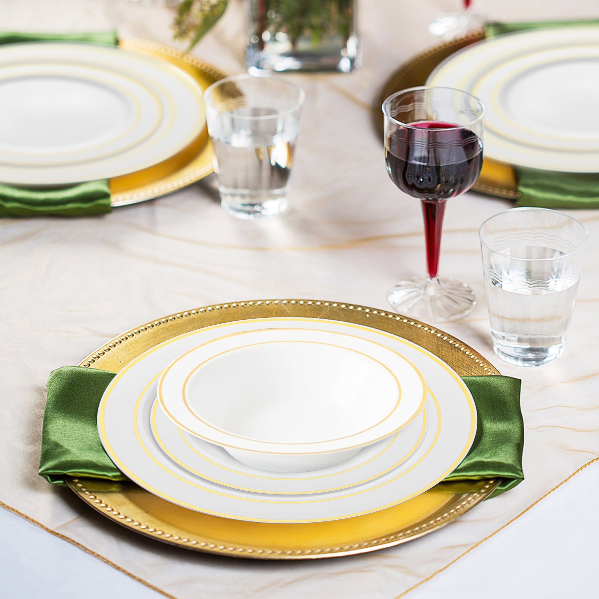 White with Gold Edge Rim Plastic Wedding Value Set - 120 Dinner Plates, 120 Salad Plates, 120 Bowls, 240 Forks, 120 Spoons, 120 Knives, 120 Cups
