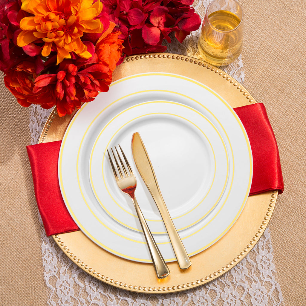 White with Gold Edge Rim Plastic Wedding Value Set - 120 Dinner Plates, 120 Salad Plates, 120 Bowls, 240 Forks, 120 Spoons, 120 Knives, 120 Cups