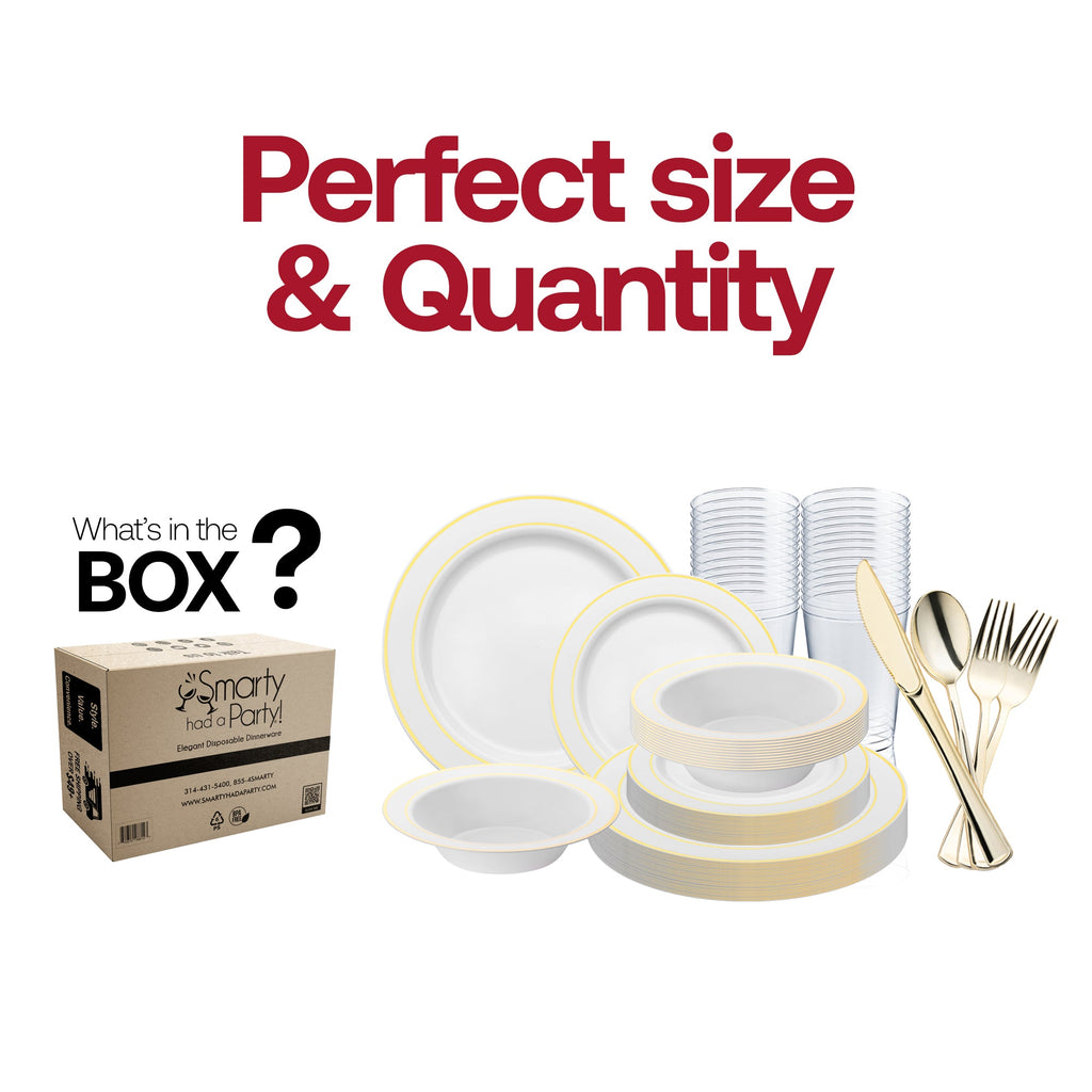 White with Gold Edge Rim Plastic Wedding Value Set - 120 Dinner Plates, 120 Salad Plates, 120 Bowls, 240 Forks, 120 Spoons, 120 Knives, 120 Cups