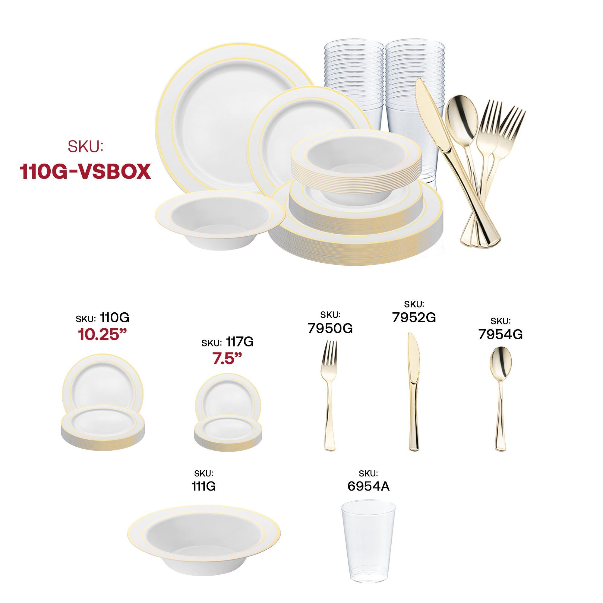 White with Gold Edge Rim Plastic Wedding Value Set - 120 Dinner Plates, 120 Salad Plates, 120 Bowls, 240 Forks, 120 Spoons, 120 Knives, 120 Cups