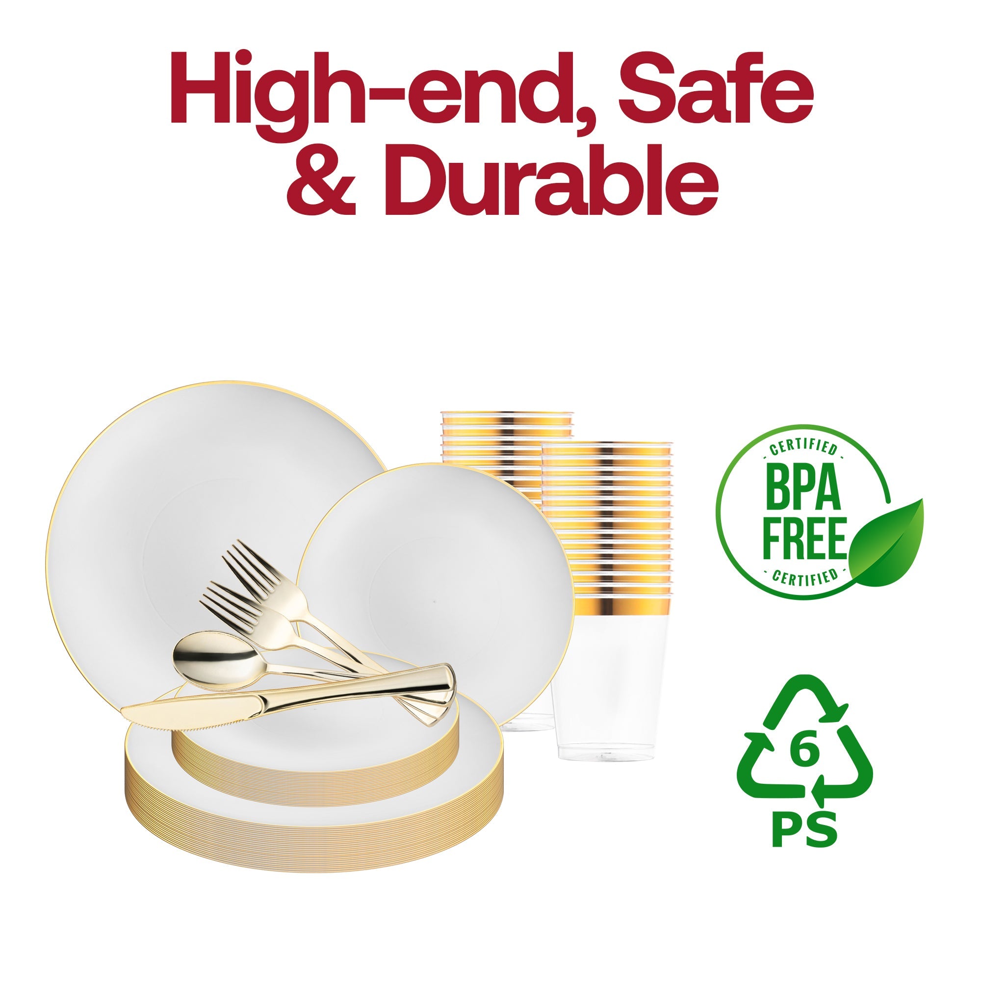 White with Gold Rim Organic Disposable Plastic Wedding Set