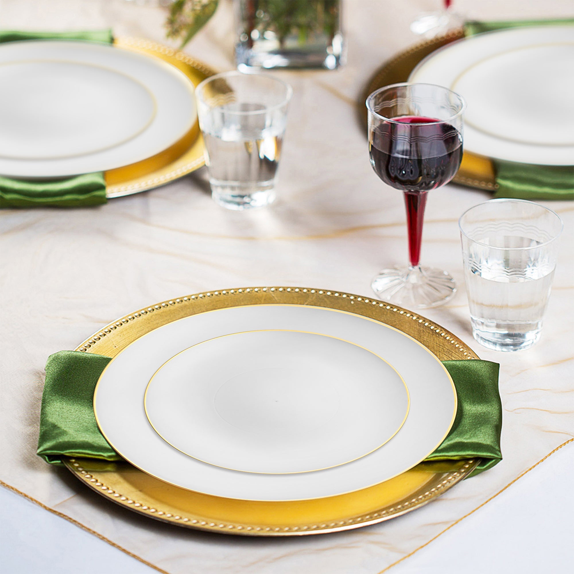 White with Gold Rim Organic Disposable Plastic Wedding Set