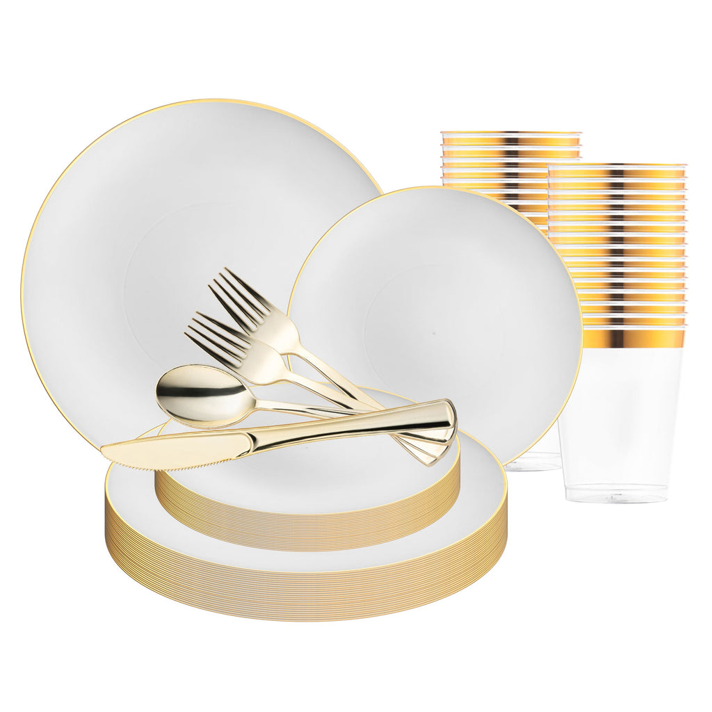White with Gold Rim Organic Disposable Plastic Wedding Set