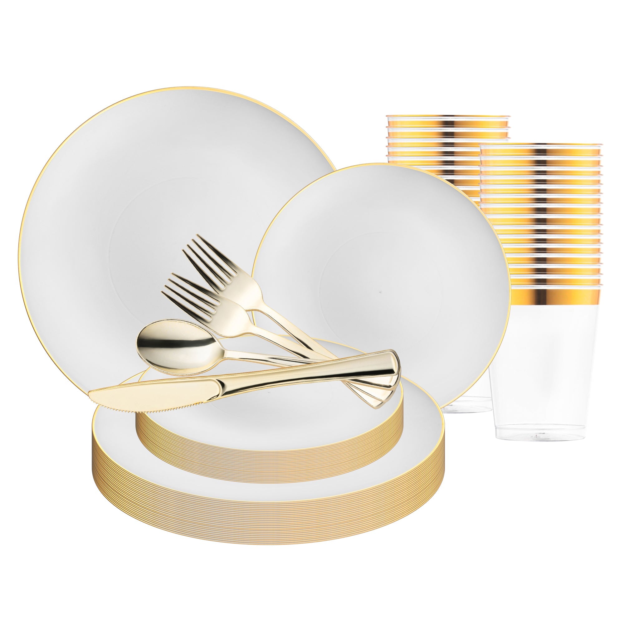 White with Gold Rim Organic Disposable Plastic Wedding Set