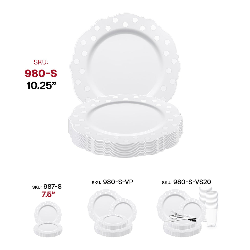 White with Silver Dots Round Blossom Disposable Plastic Dinner Plates (10.25")