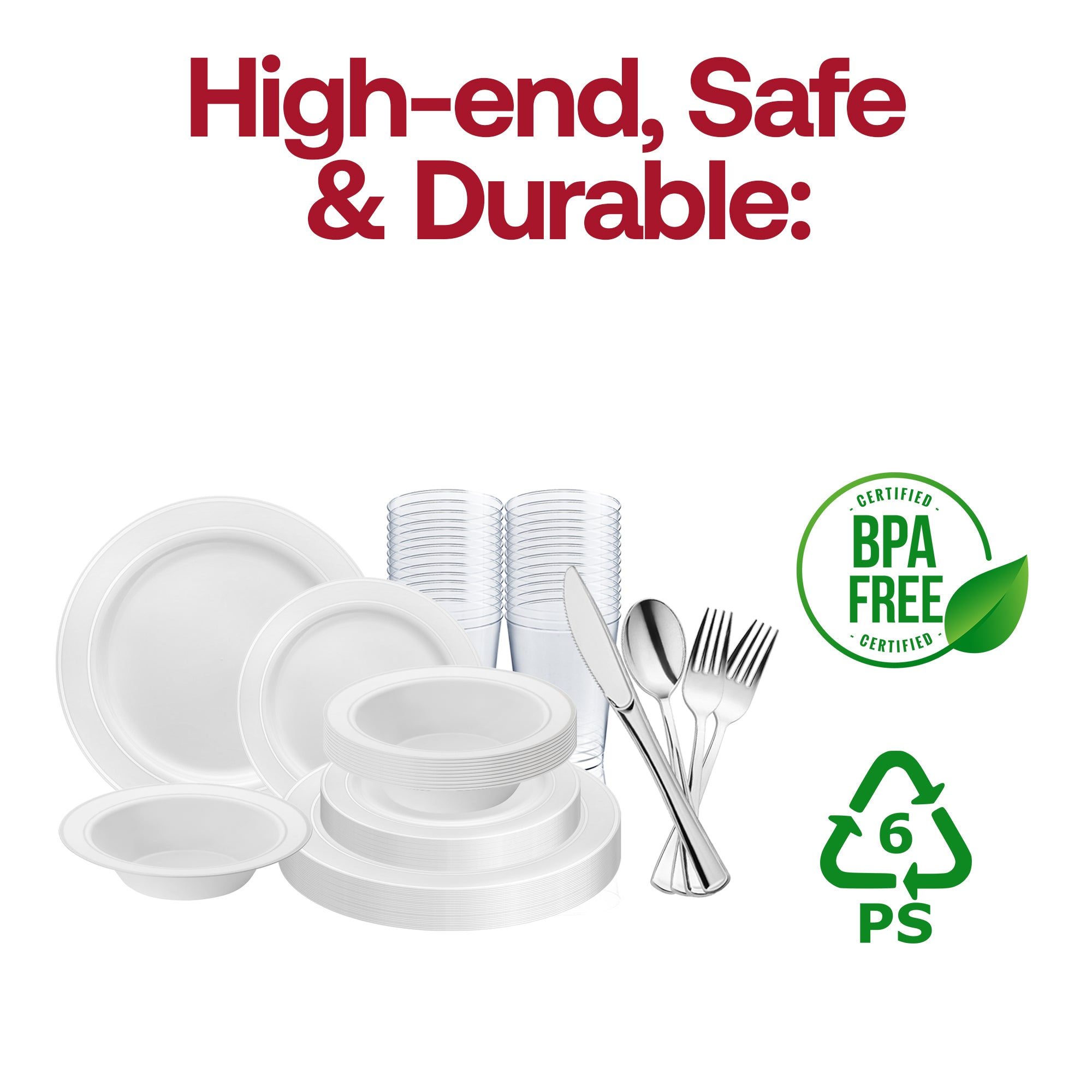 White with Silver Edge Rim Plastic Wedding Value Set - 120 Dinner Plates, 120 Salad Plates, 120 Bowls, 240 Forks, 120 Spoons, 120 Knives, 120 Cups