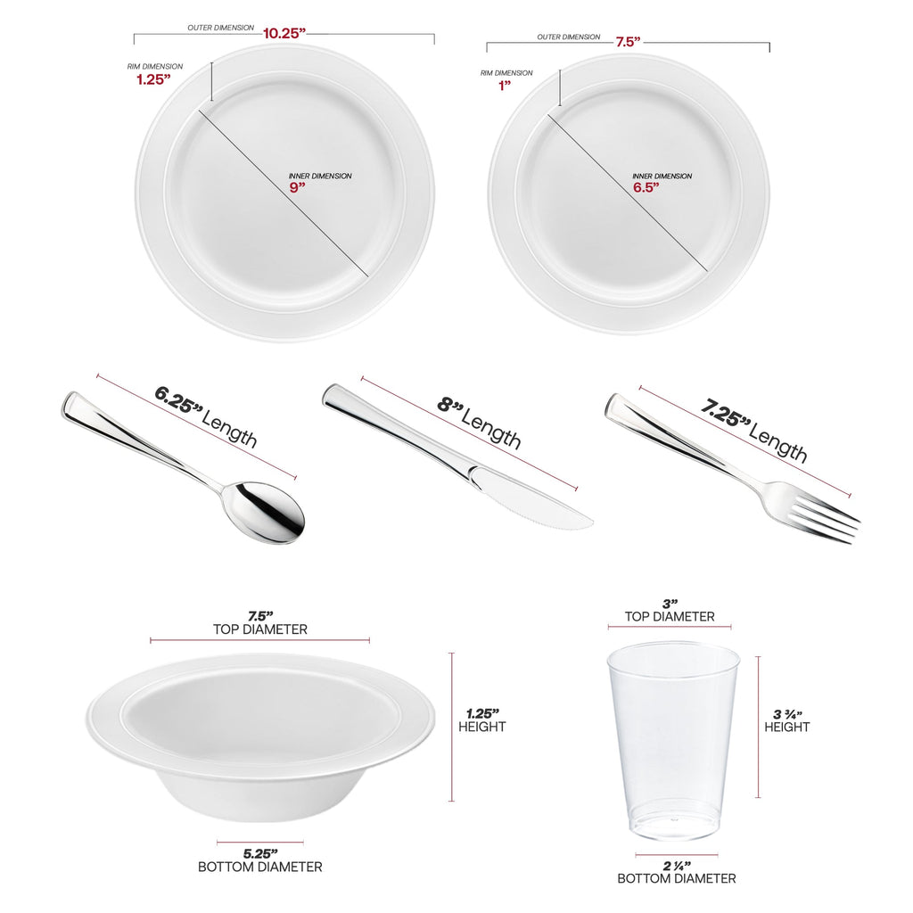 White with Silver Edge Rim Plastic Wedding Value Set - 120 Dinner Plates, 120 Salad Plates, 120 Bowls, 240 Forks, 120 Spoons, 120 Knives, 120 Cups