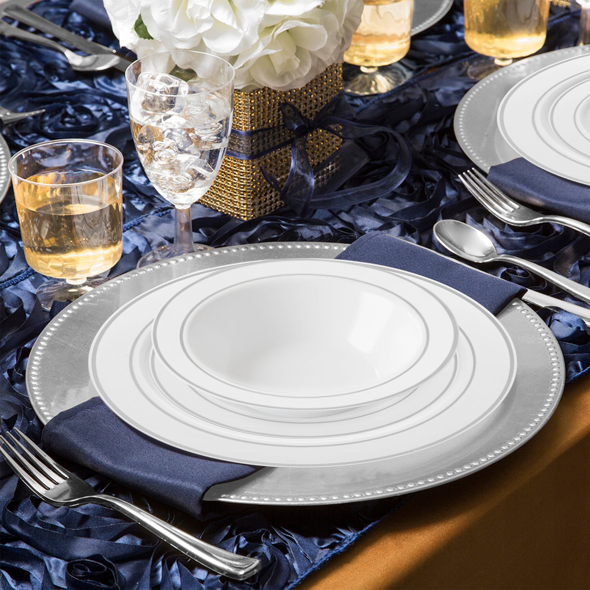 White with Silver Edge Rim Plastic Wedding Value Set - 120 Dinner Plates, 120 Salad Plates, 120 Bowls, 240 Forks, 120 Spoons, 120 Knives, 120 Cups