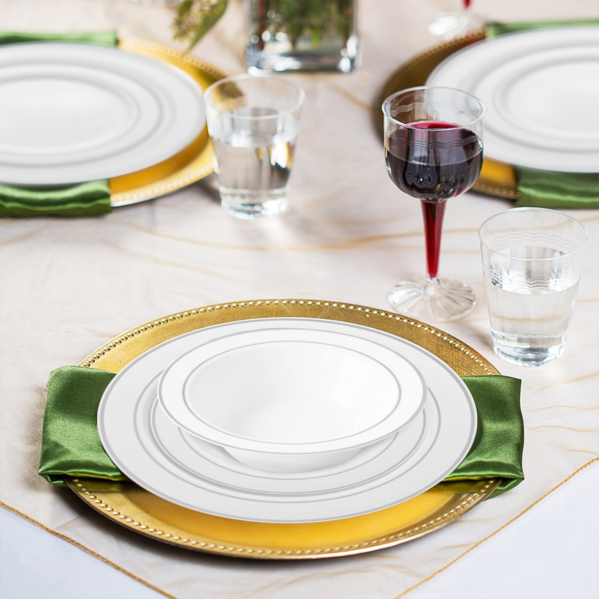 White with Silver Edge Rim Plastic Wedding Value Set - 120 Dinner Plates, 120 Salad Plates, 120 Bowls, 240 Forks, 120 Spoons, 120 Knives, 120 Cups