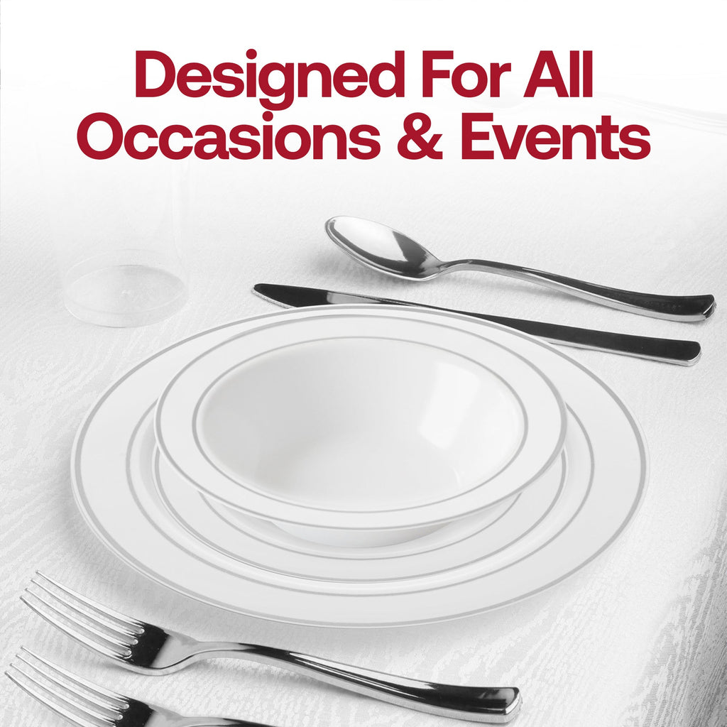 White with Silver Edge Rim Plastic Wedding Value Set - 120 Dinner Plates, 120 Salad Plates, 120 Bowls, 240 Forks, 120 Spoons, 120 Knives, 120 Cups