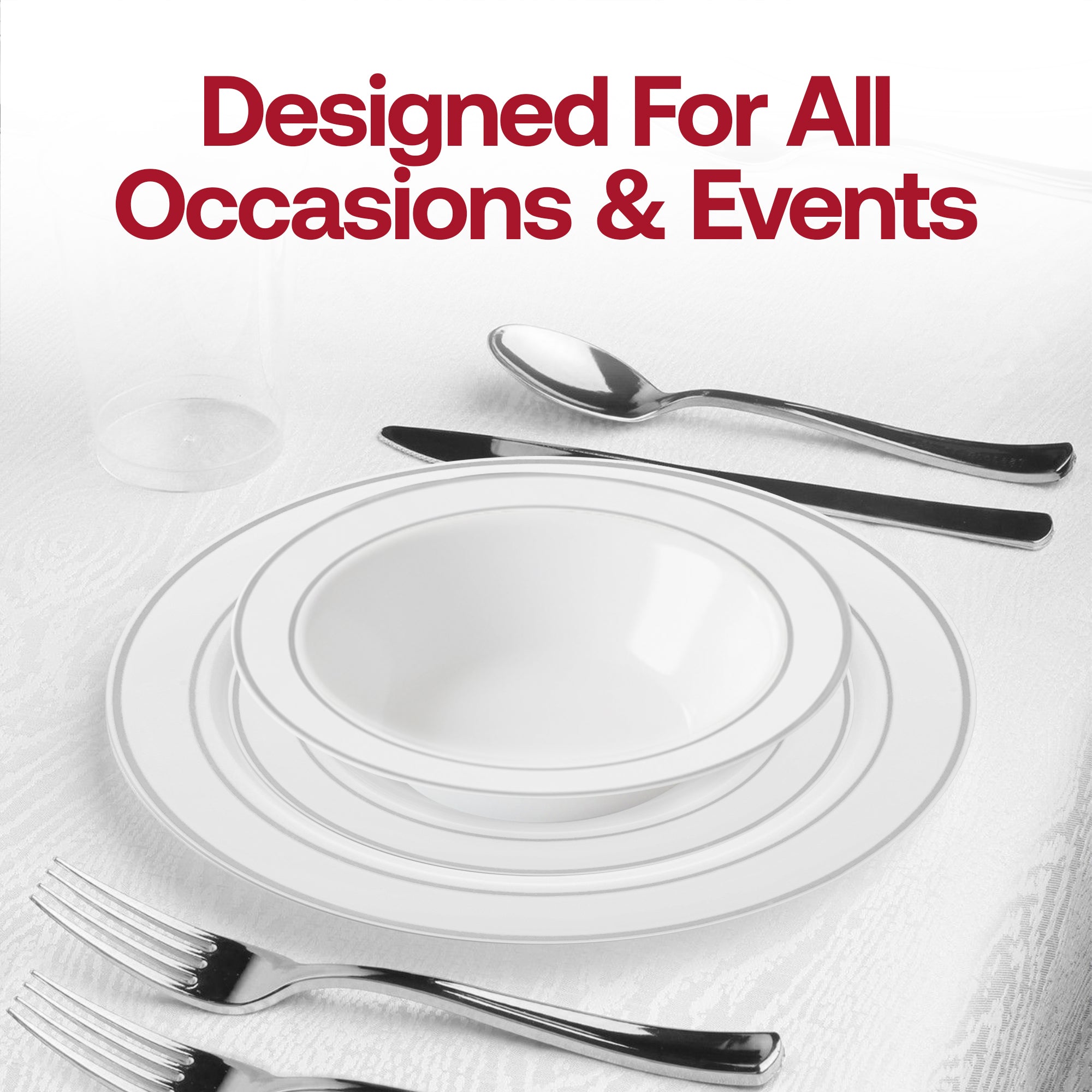 White with Silver Edge Rim Plastic Wedding Value Set - 120 Dinner Plates, 120 Salad Plates, 120 Bowls, 240 Forks, 120 Spoons, 120 Knives, 120 Cups