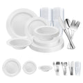 White with Silver Edge Rim Plastic Wedding Value Set - 120 Dinner Plates, 120 Salad Plates, 120 Bowls, 240 Forks, 120 Spoons, 120 Knives, 120 Cups