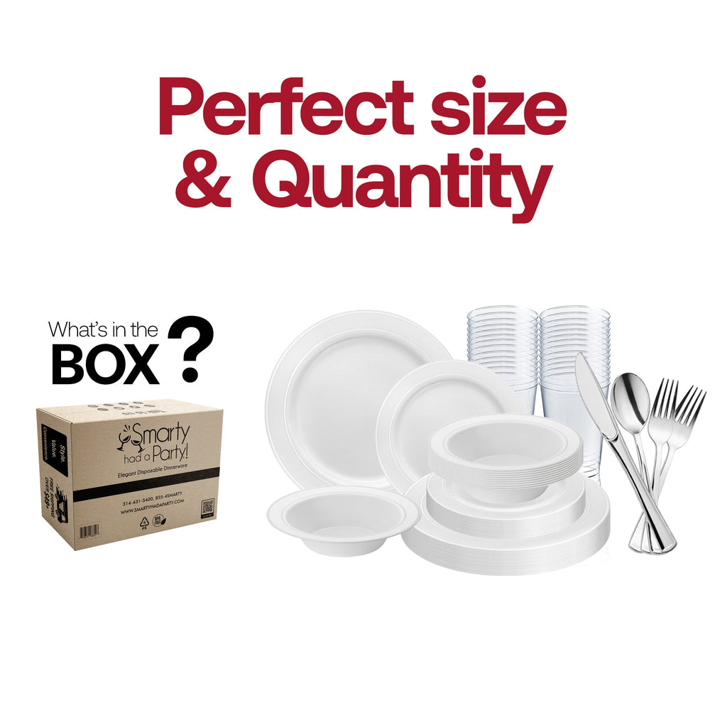 White with Silver Edge Rim Plastic Wedding Value Set - 120 Dinner Plates, 120 Salad Plates, 120 Bowls, 240 Forks, 120 Spoons, 120 Knives, 120 Cups