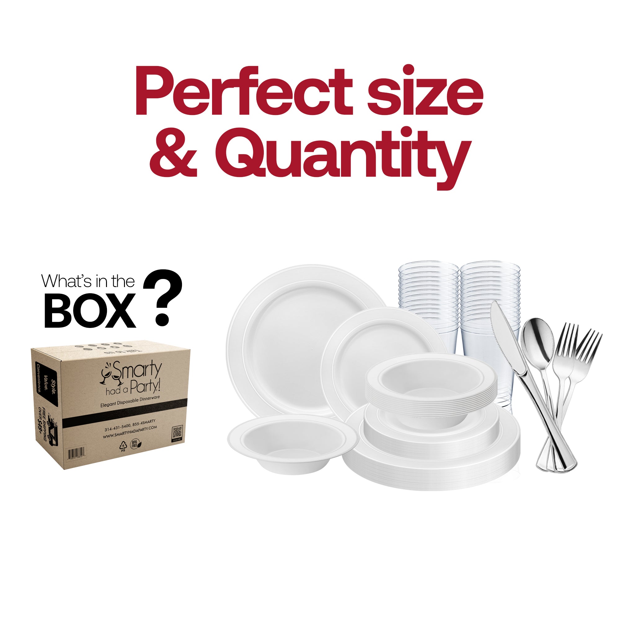 White with Silver Edge Rim Plastic Wedding Value Set - 120 Dinner Plates, 120 Salad Plates, 120 Bowls, 240 Forks, 120 Spoons, 120 Knives, 120 Cups