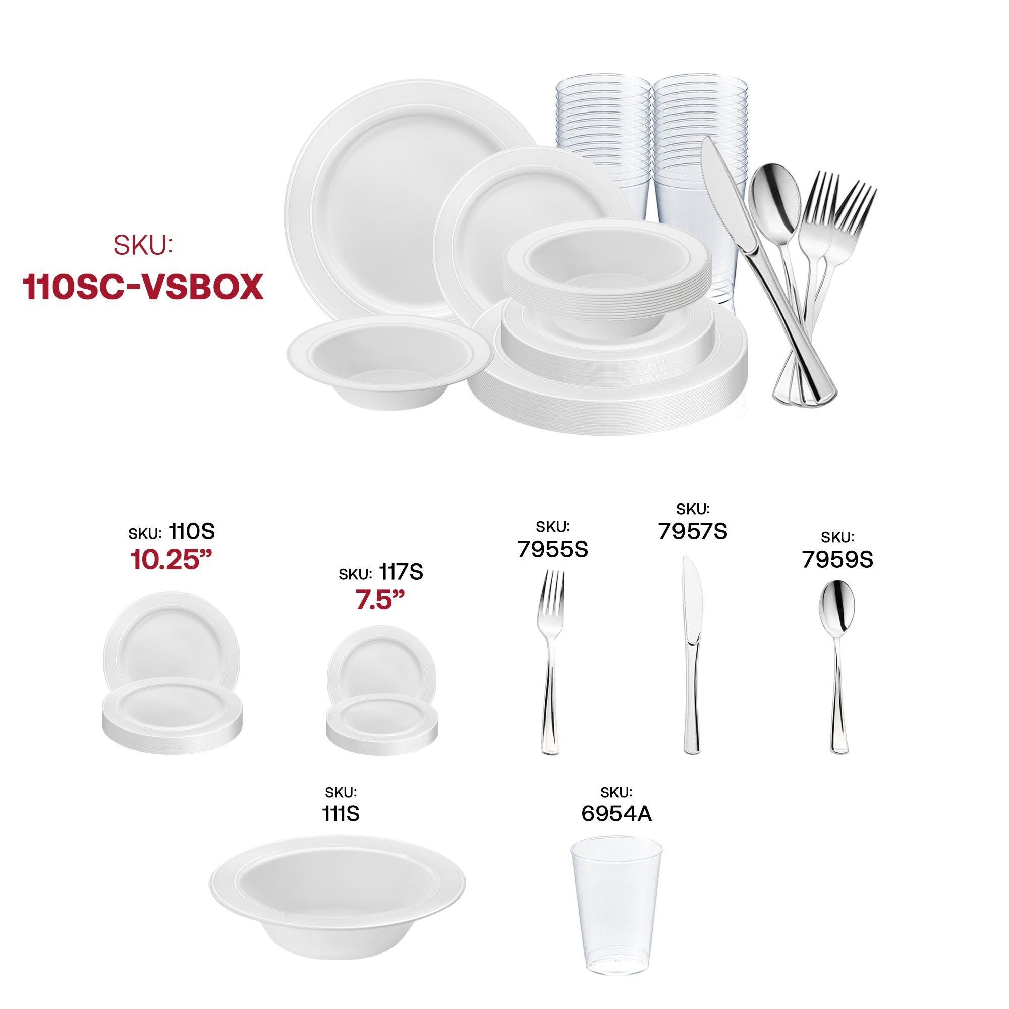 White with Silver Edge Rim Plastic Wedding Value Set - 120 Dinner Plates, 120 Salad Plates, 120 Bowls, 240 Forks, 120 Spoons, 120 Knives, 120 Cups