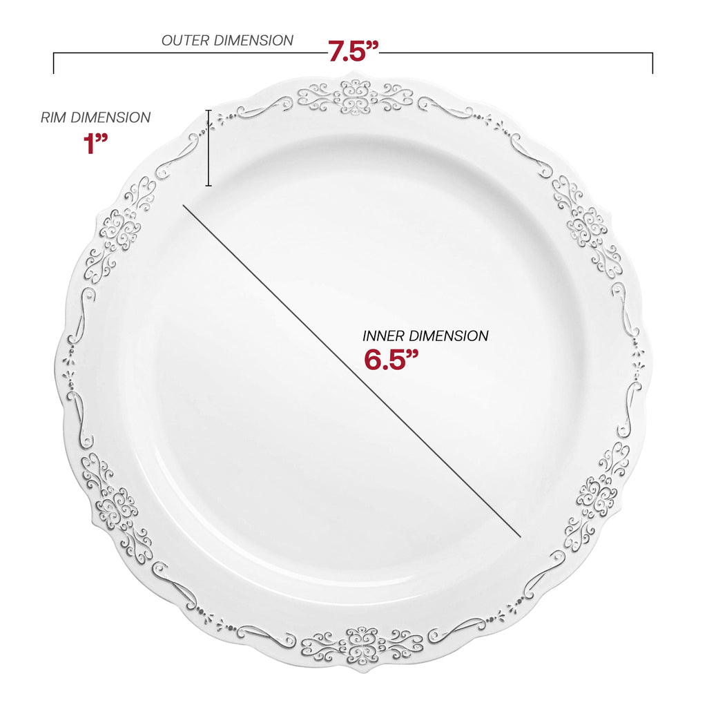 White with Silver Vintage Rim Round Disposable Plastic Appetizer/Salad Plates (7.5")