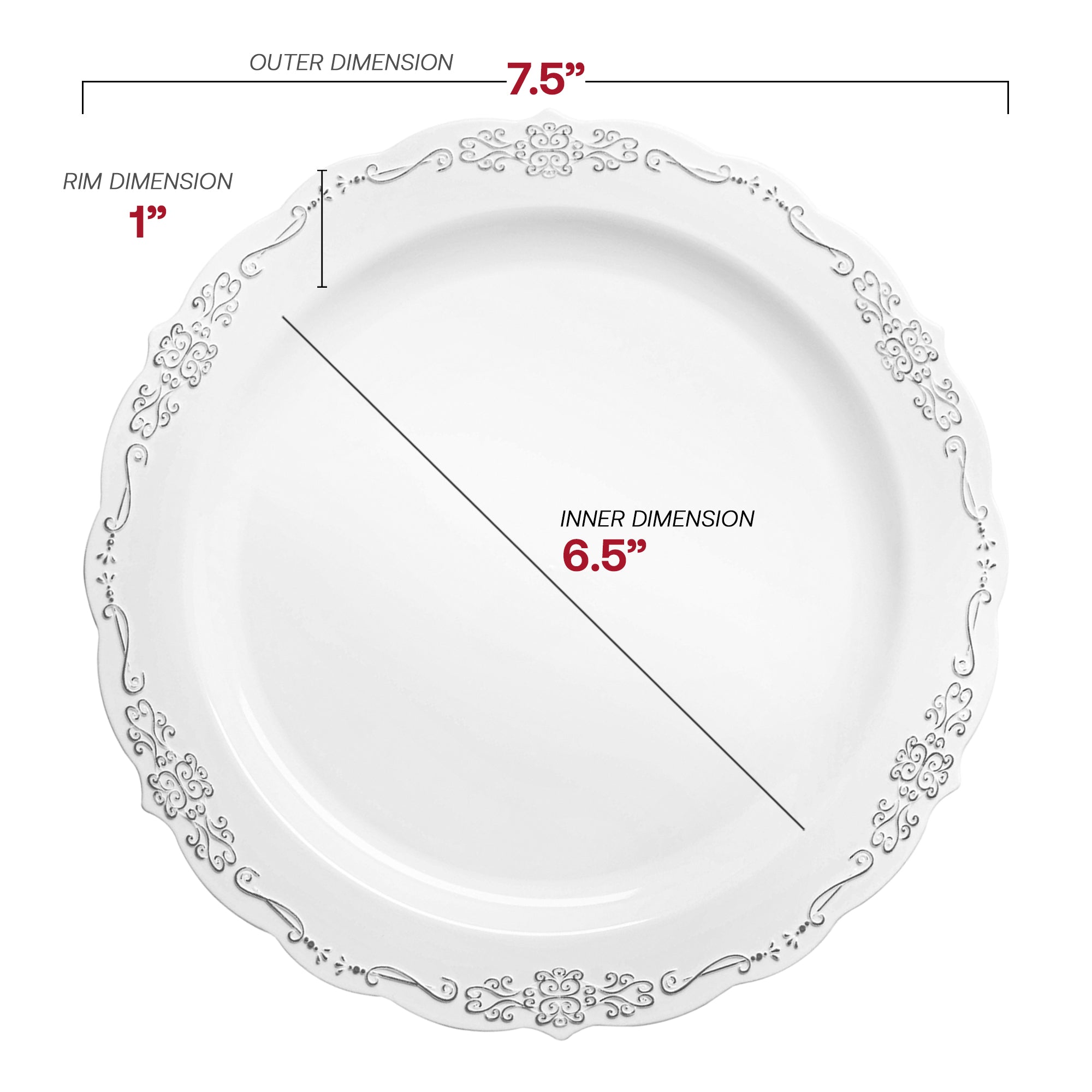 White with Silver Vintage Rim Round Disposable Plastic Appetizer/Salad Plates (7.5")