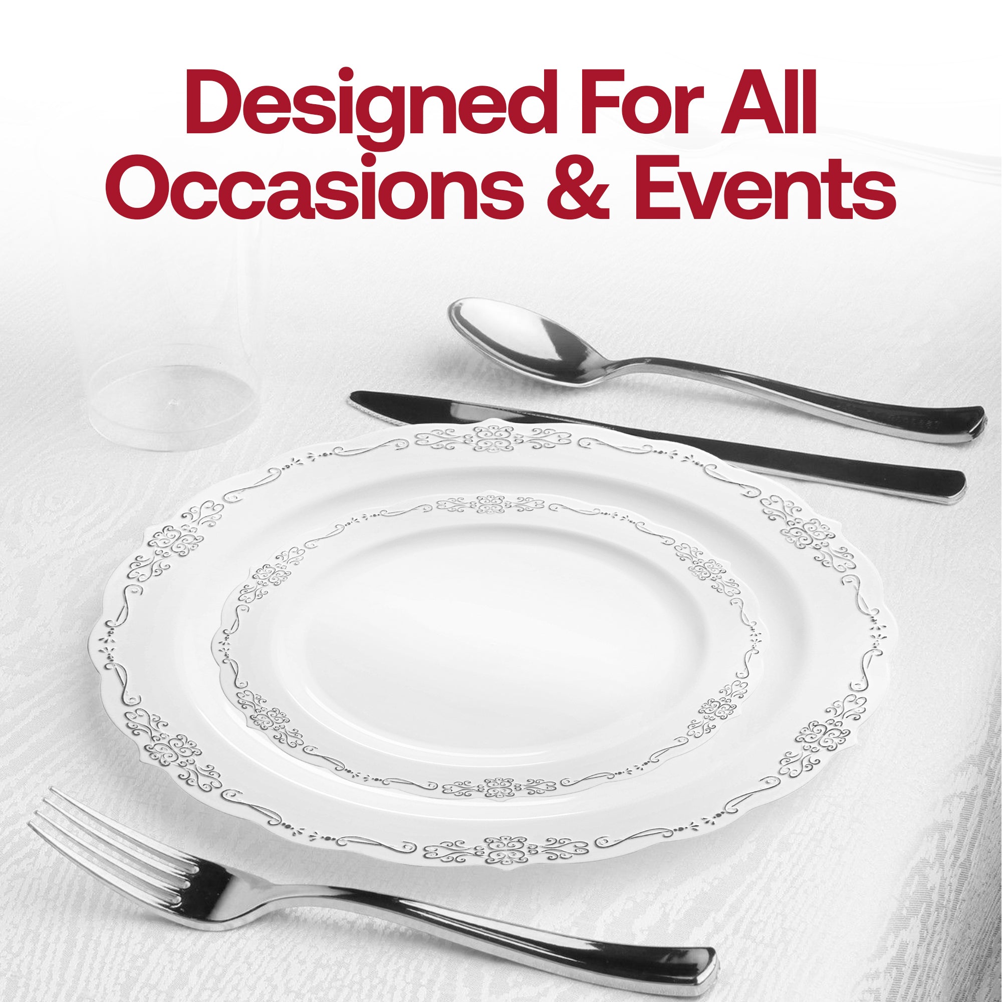 White with Silver Vintage Rim Round Disposable Plastic Appetizer/Salad Plates (7.5")
