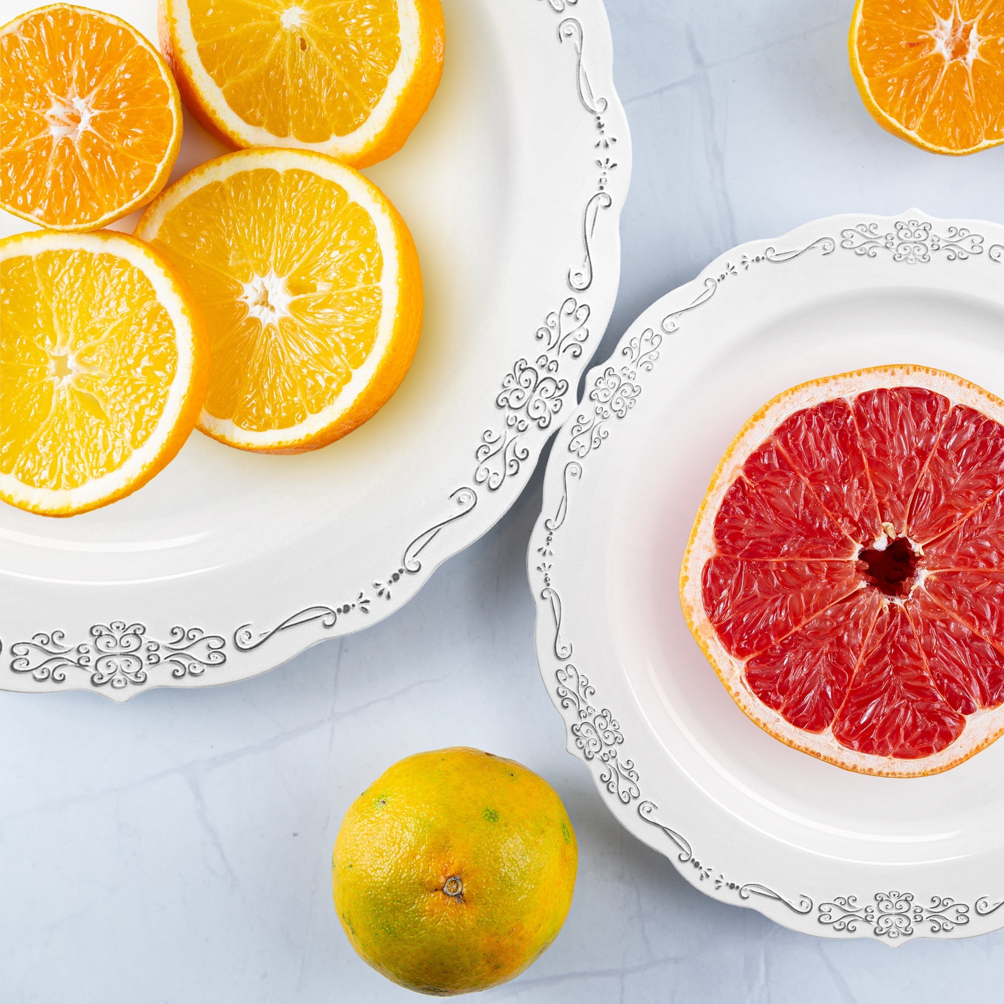 White with Silver Vintage Rim Round Disposable Plastic Appetizer/Salad Plates (7.5")