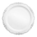 White with Silver Vintage Rim Round Disposable Plastic Appetizer/Salad Plates (7.5")