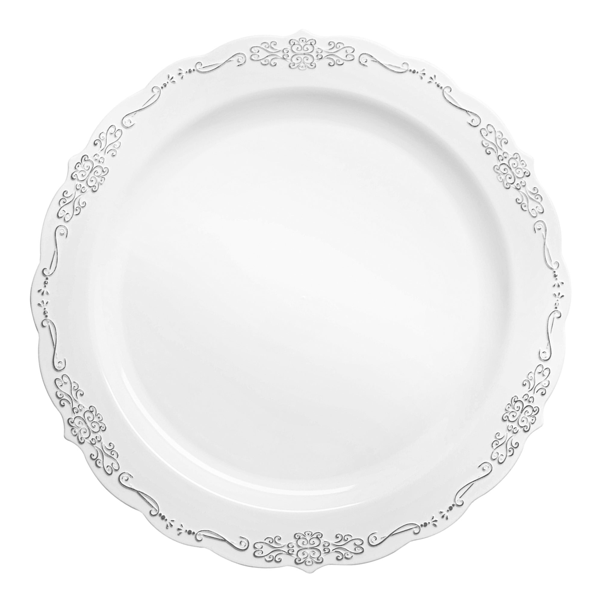 White with Silver Vintage Rim Round Disposable Plastic Appetizer/Salad Plates (7.5")