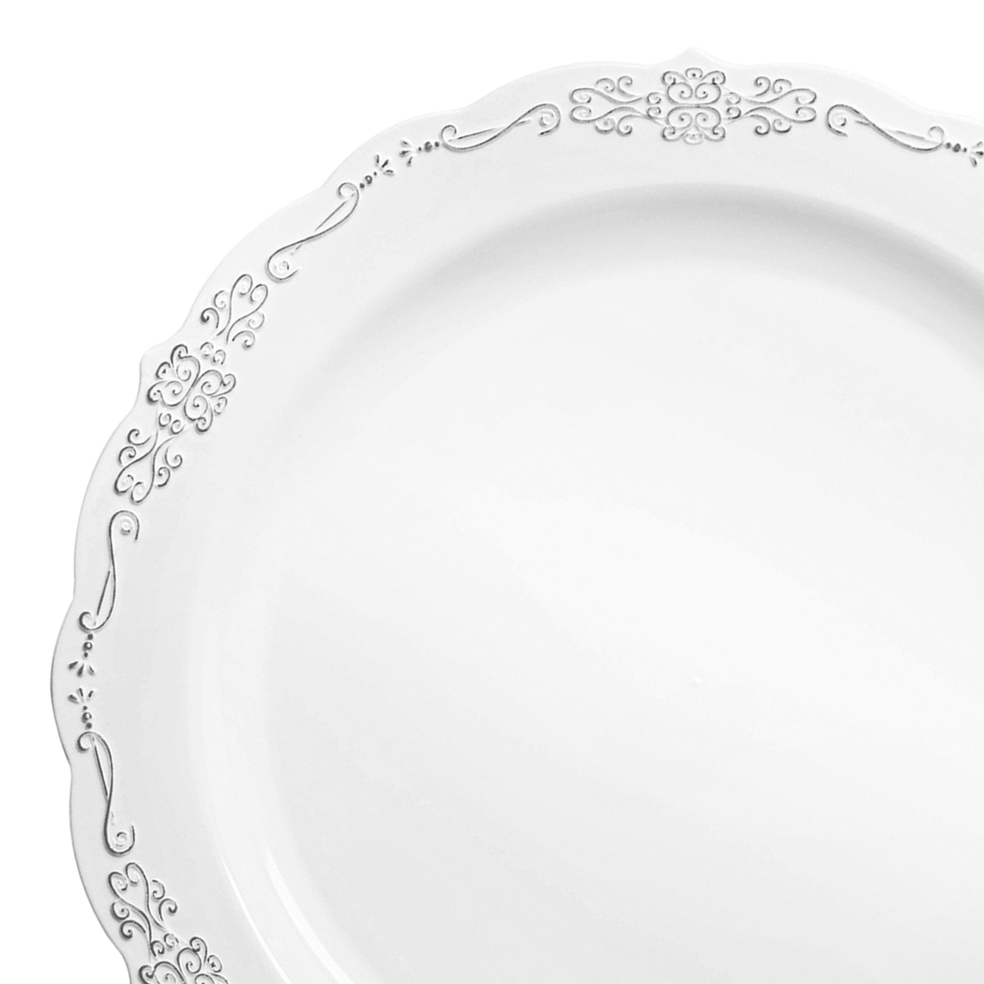 White with Silver Vintage Rim Round Disposable Plastic Dinner Plates (10")