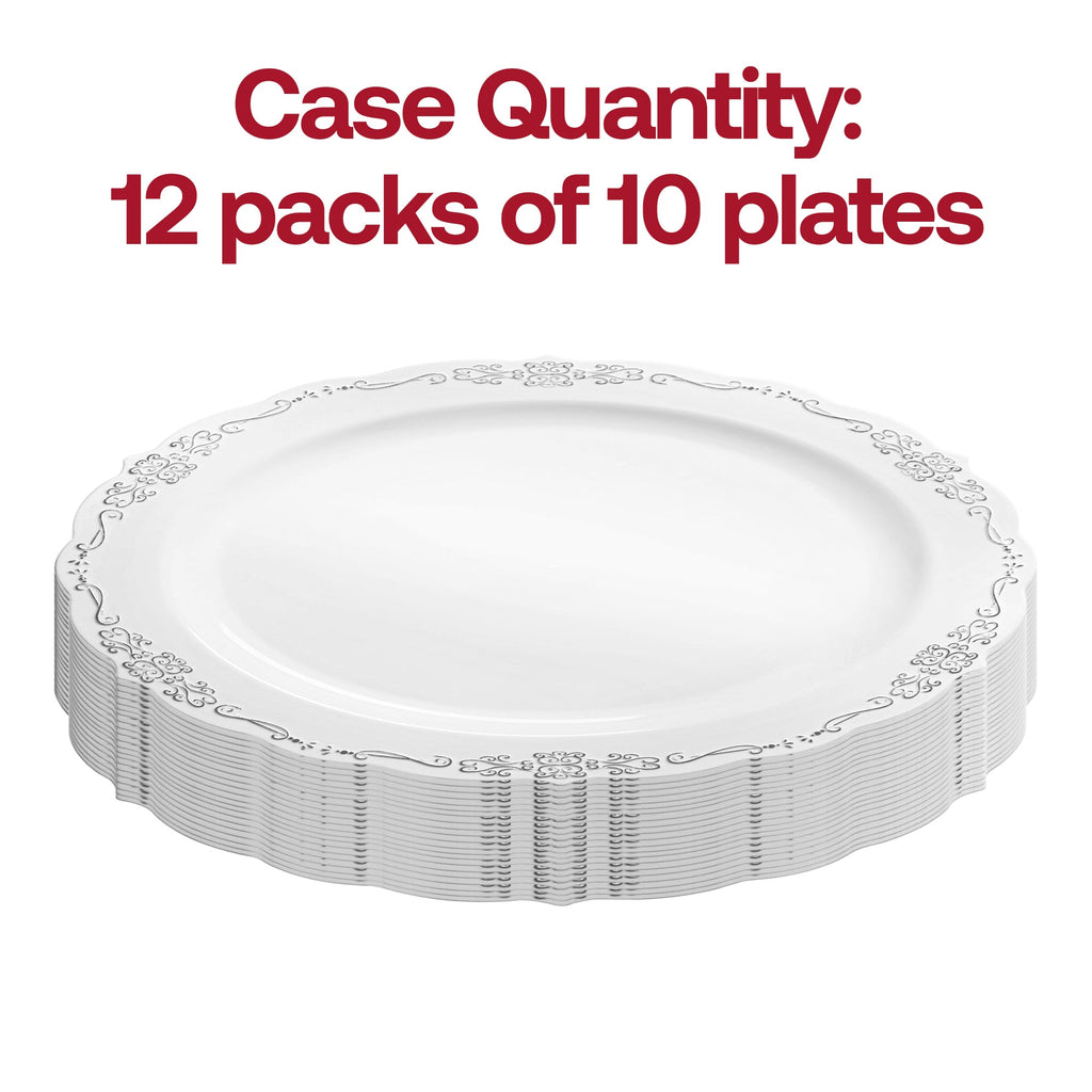 White with Silver Vintage Rim Round Disposable Plastic Dinner Plates (10")