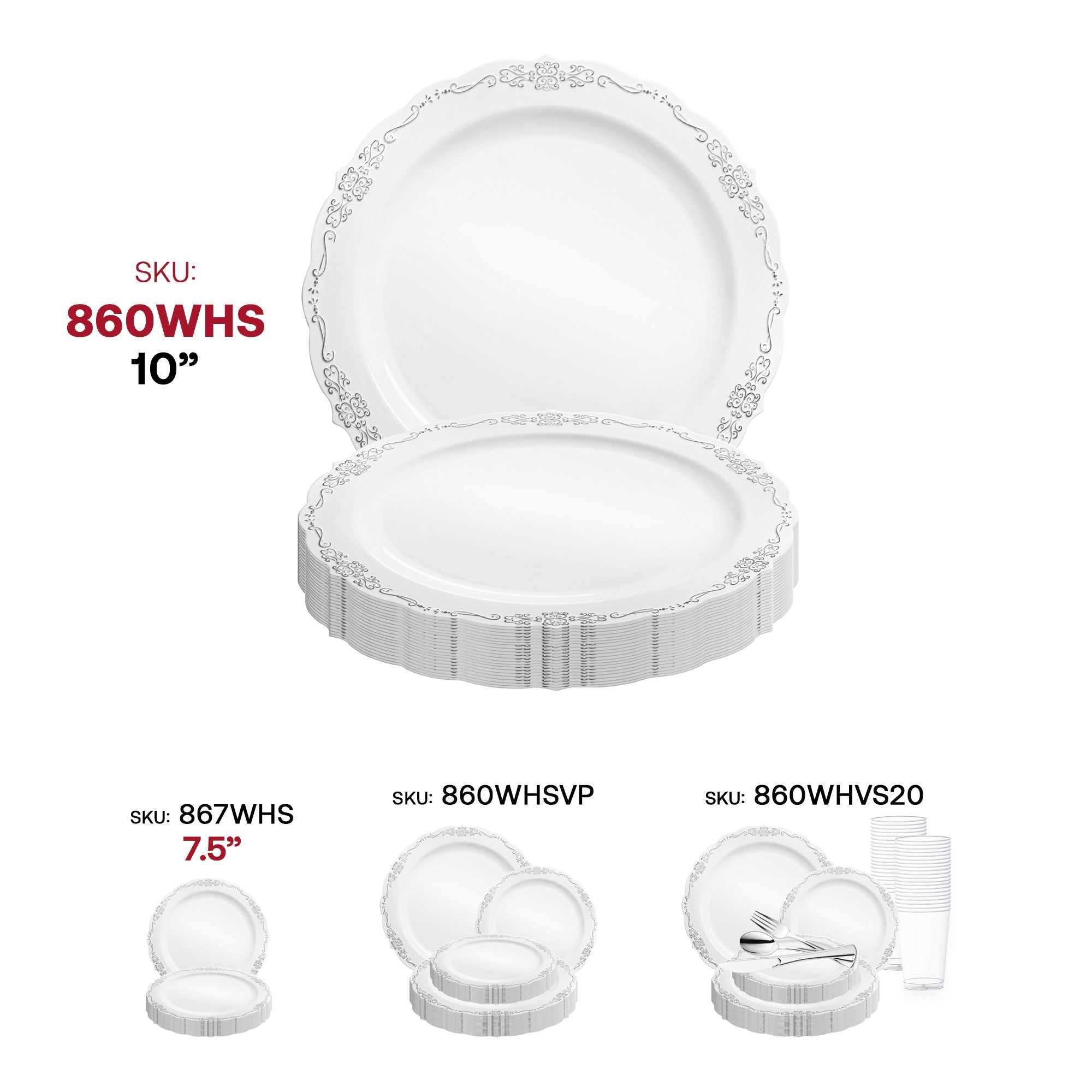 White with Silver Vintage Rim Round Disposable Plastic Dinner Plates (10")