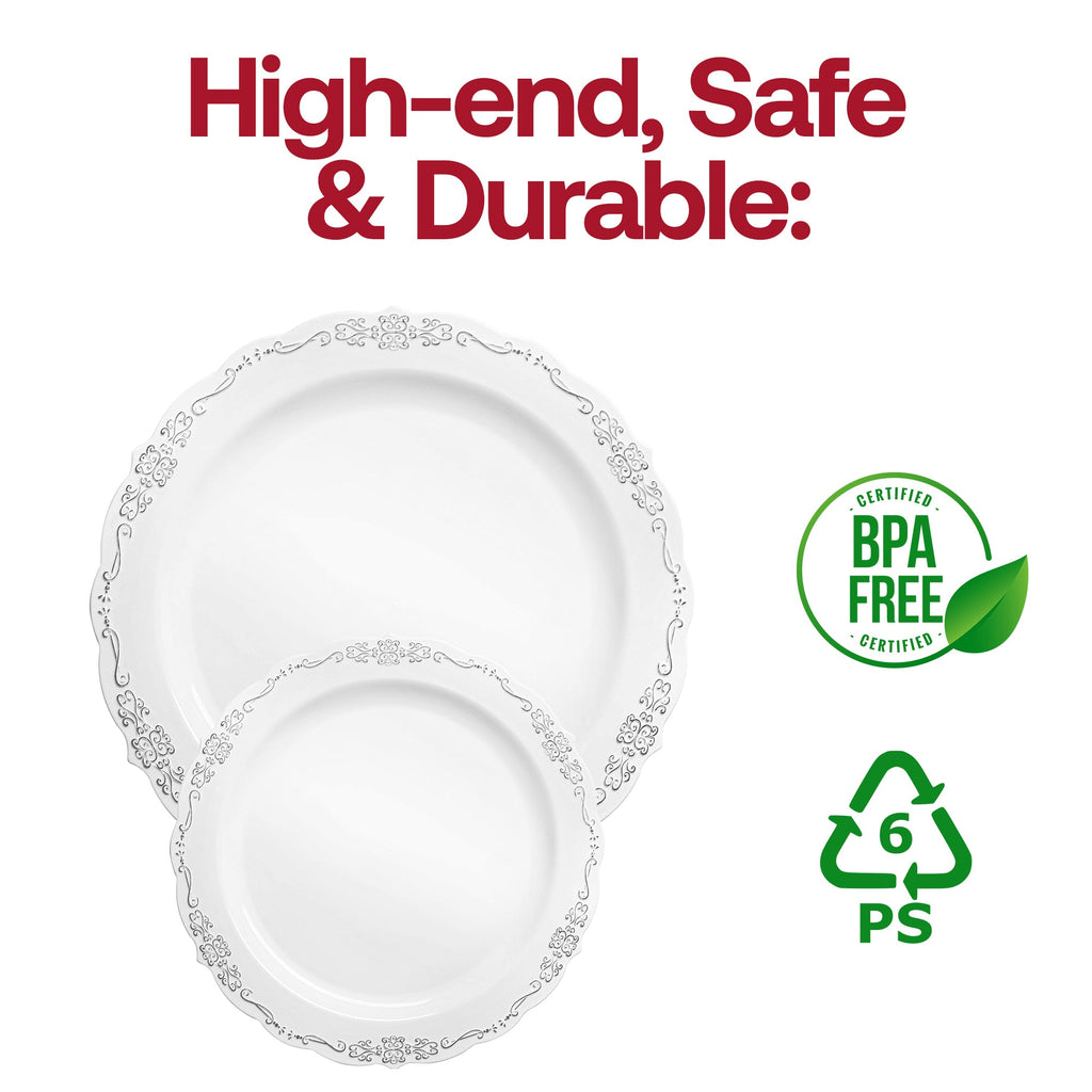 White with Silver Vintage Rim Round Disposable Plastic Dinnerware Value Set