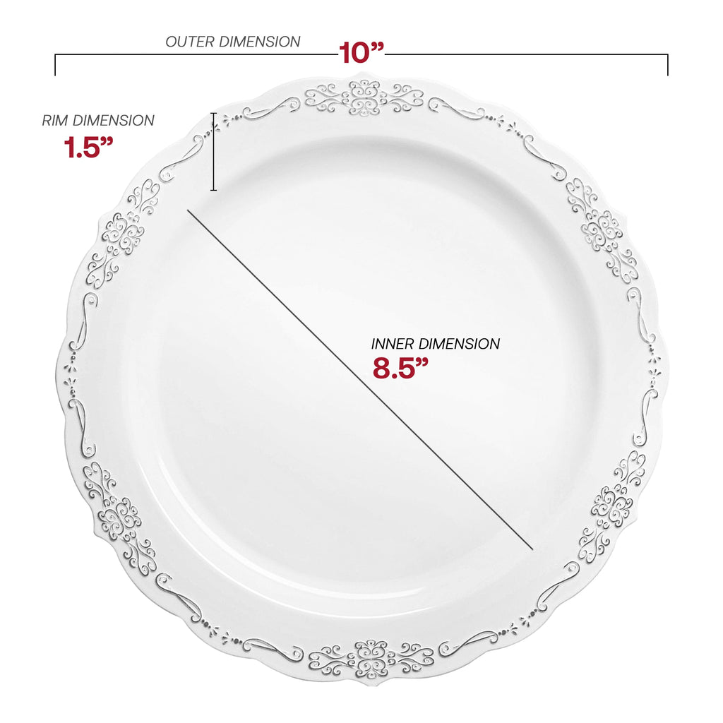 White with Silver Vintage Rim Round Disposable Plastic Dinnerware Value Set