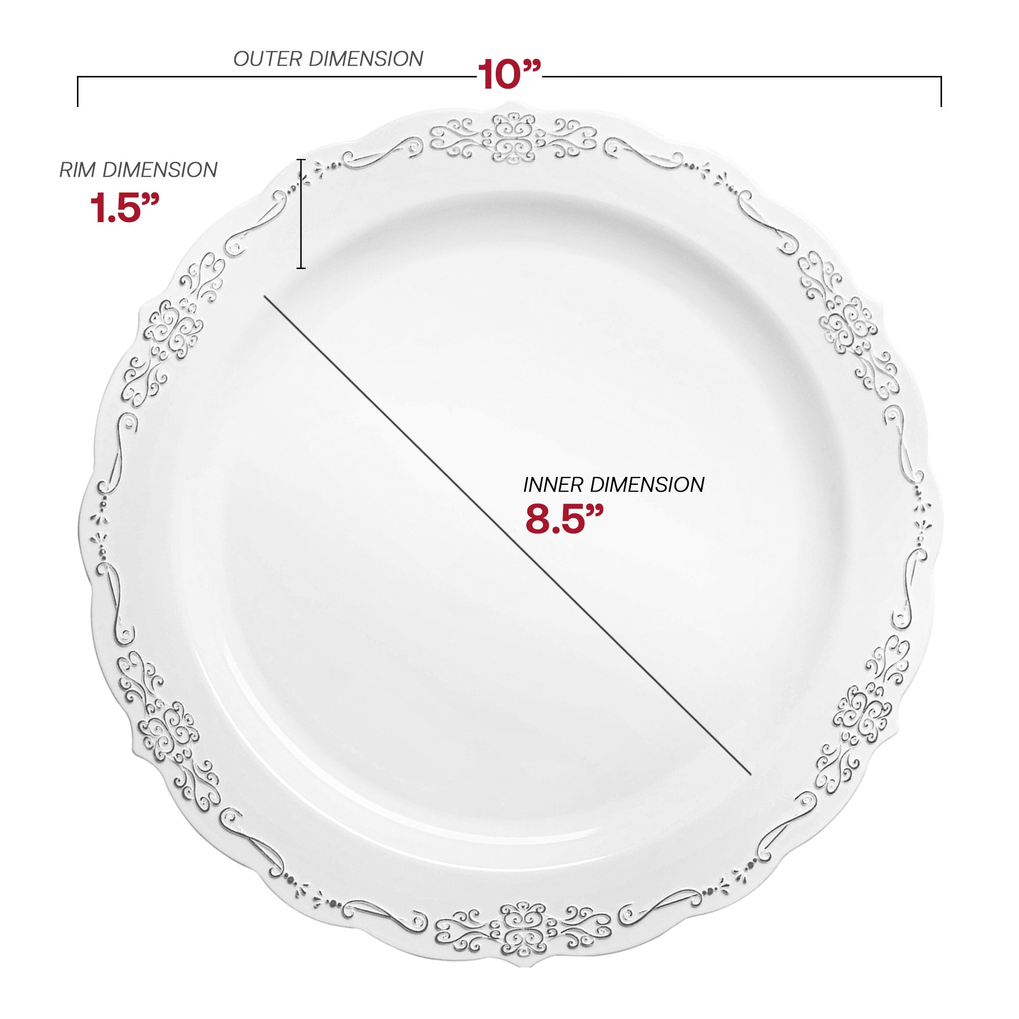 White with Silver Vintage Rim Round Disposable Plastic Dinnerware Value Set