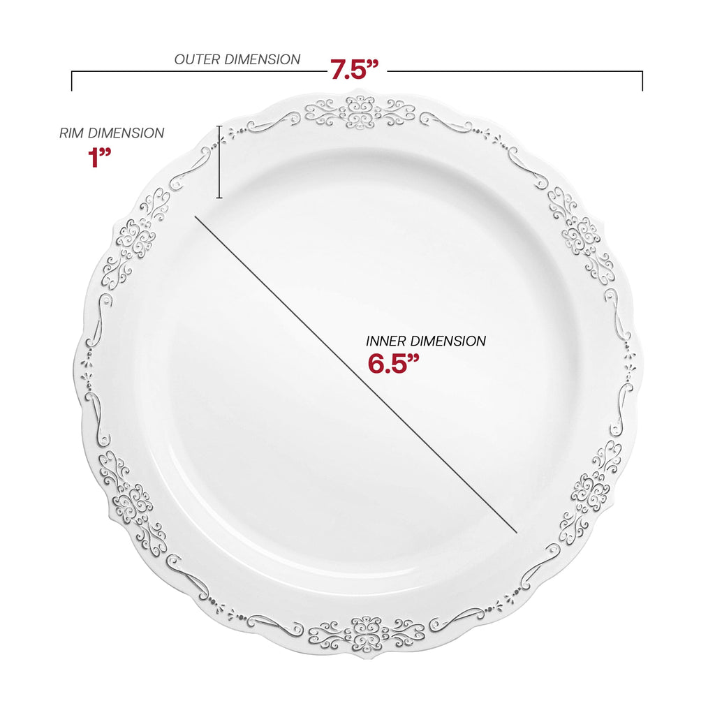 White with Silver Vintage Rim Round Disposable Plastic Dinnerware Value Set