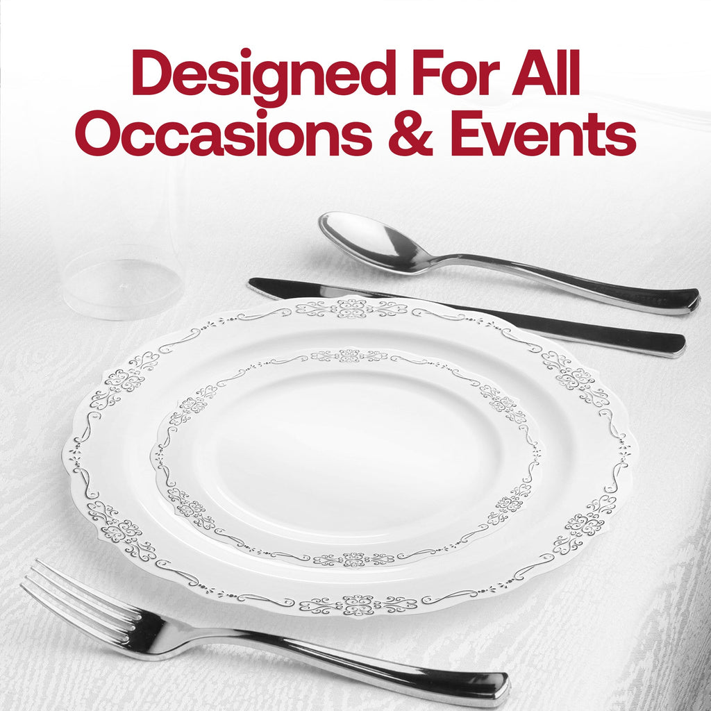 White with Silver Vintage Rim Round Disposable Plastic Dinnerware Value Set