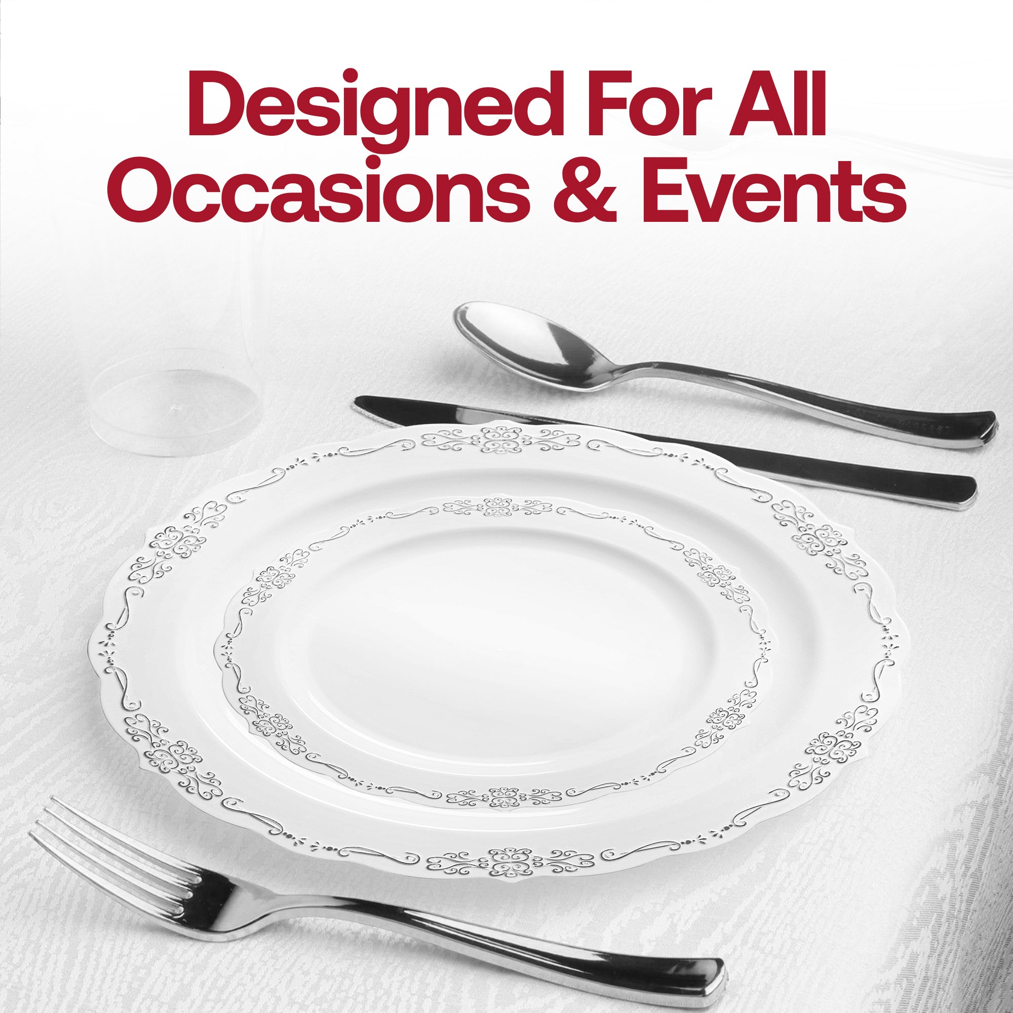 White with Silver Vintage Rim Round Disposable Plastic Dinnerware Value Set