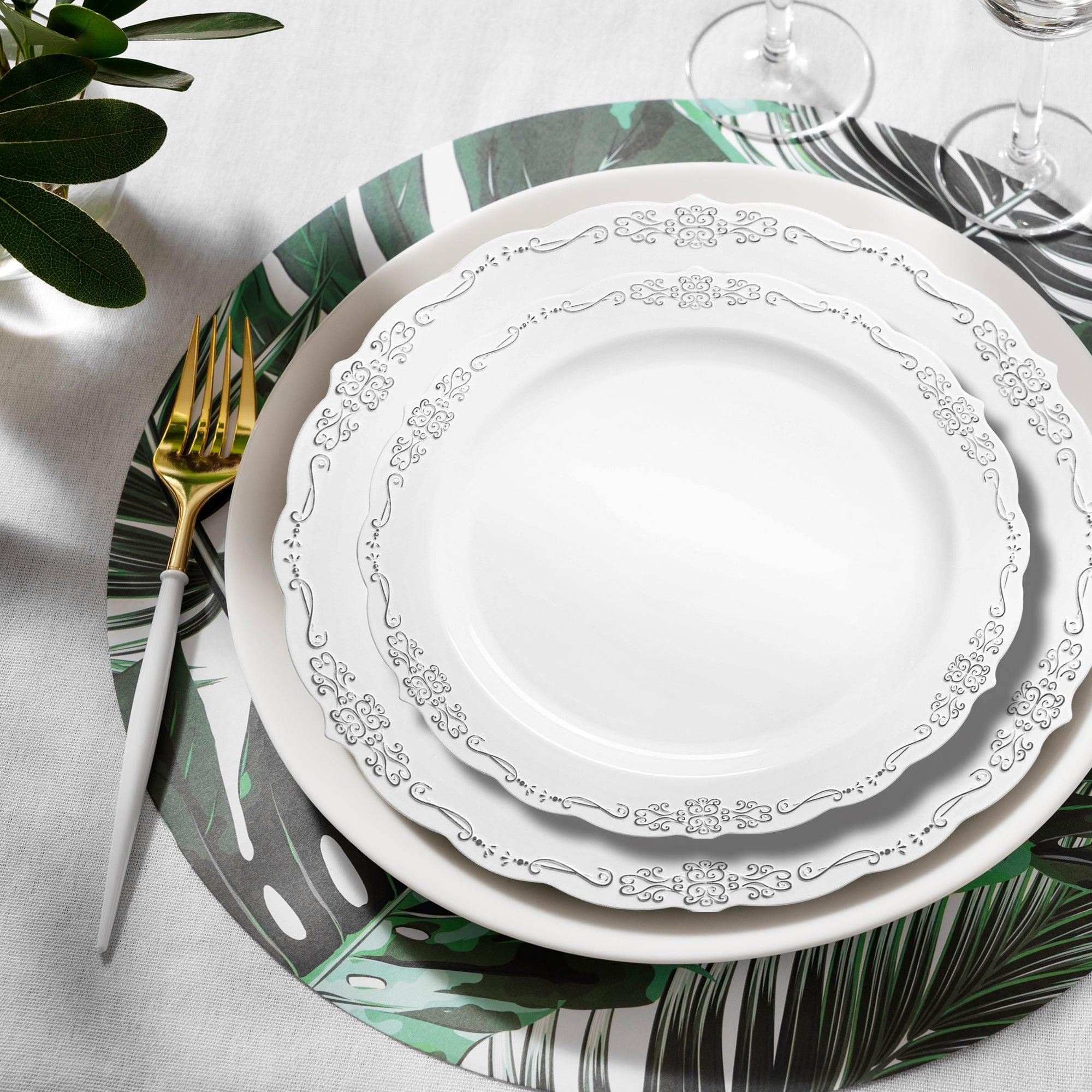 White with Silver Vintage Rim Round Disposable Plastic Dinnerware Value Set