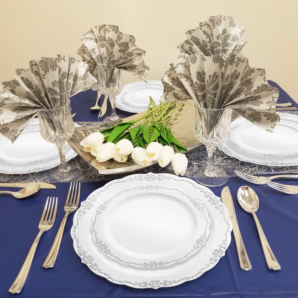 White with Silver Vintage Rim Round Disposable Plastic Dinnerware Value Set