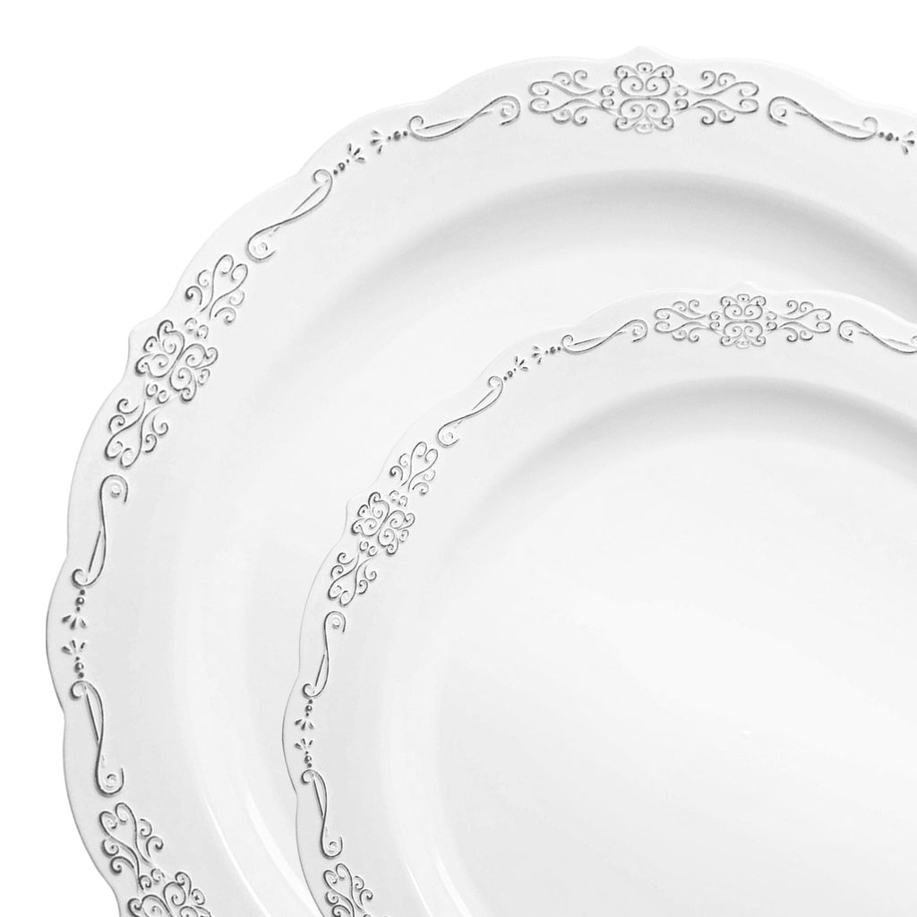 White with Silver Vintage Rim Round Disposable Plastic Dinnerware Value Set