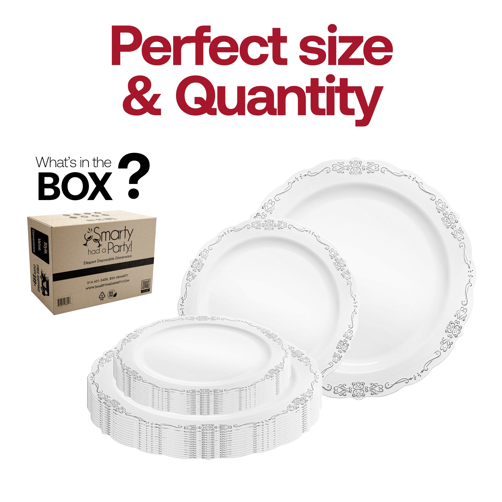 White with Silver Vintage Rim Round Disposable Plastic Dinnerware Value Set