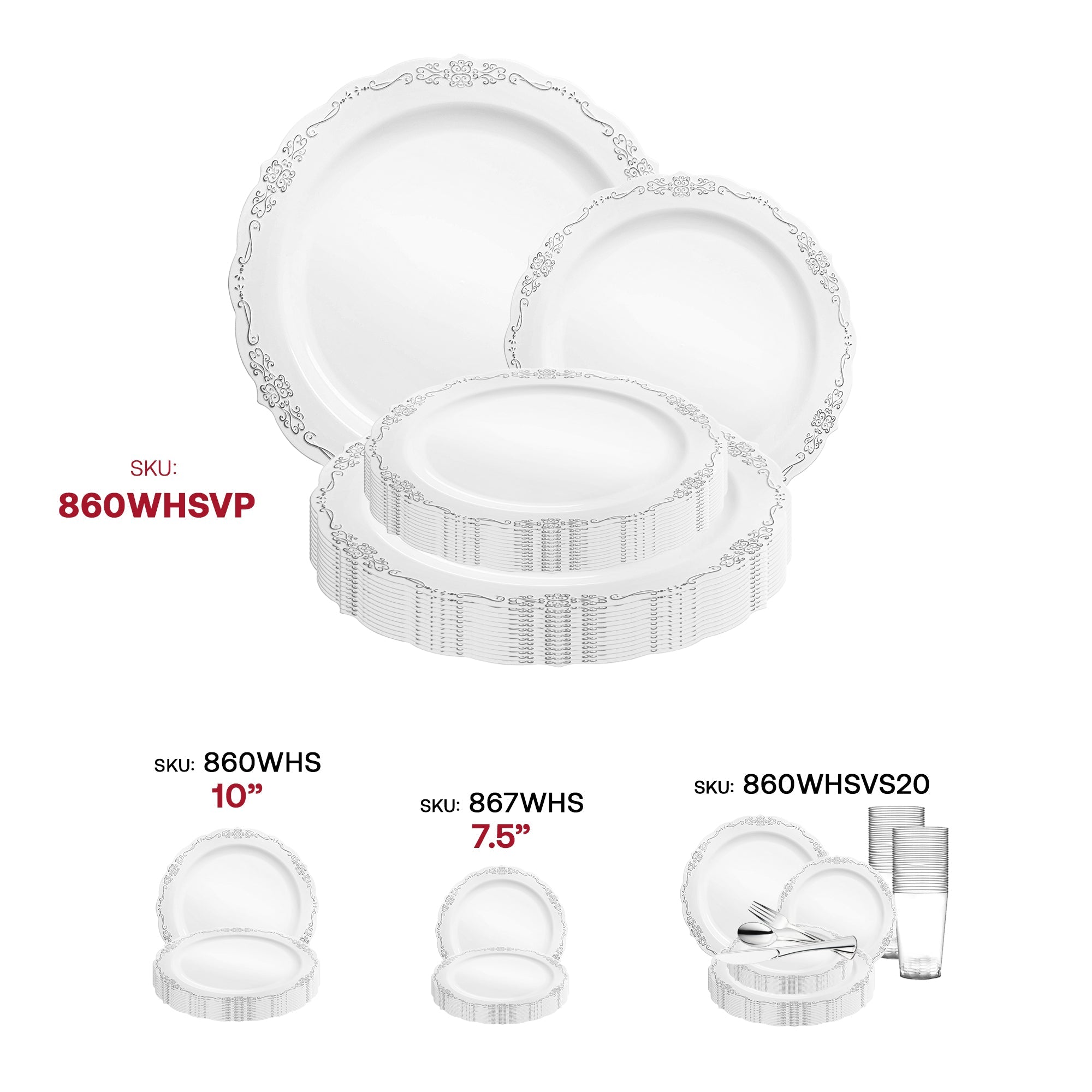 White with Silver Vintage Rim Round Disposable Plastic Dinnerware Value Set