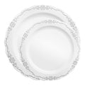White with Silver Vintage Rim Round Disposable Plastic Dinnerware Value Set