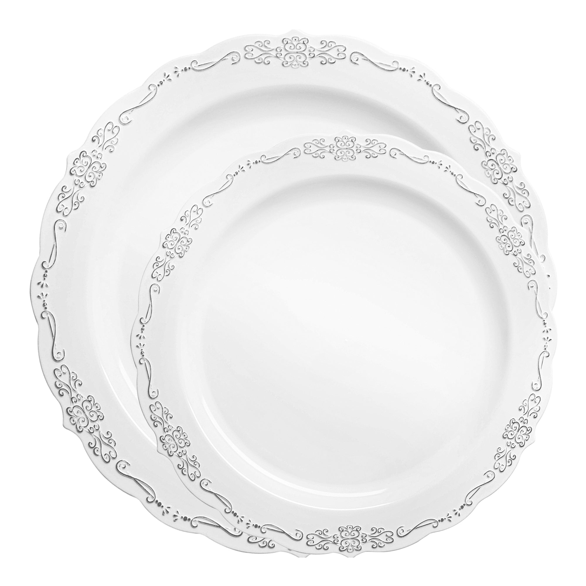 White with Silver Vintage Rim Round Disposable Plastic Dinnerware Value Set