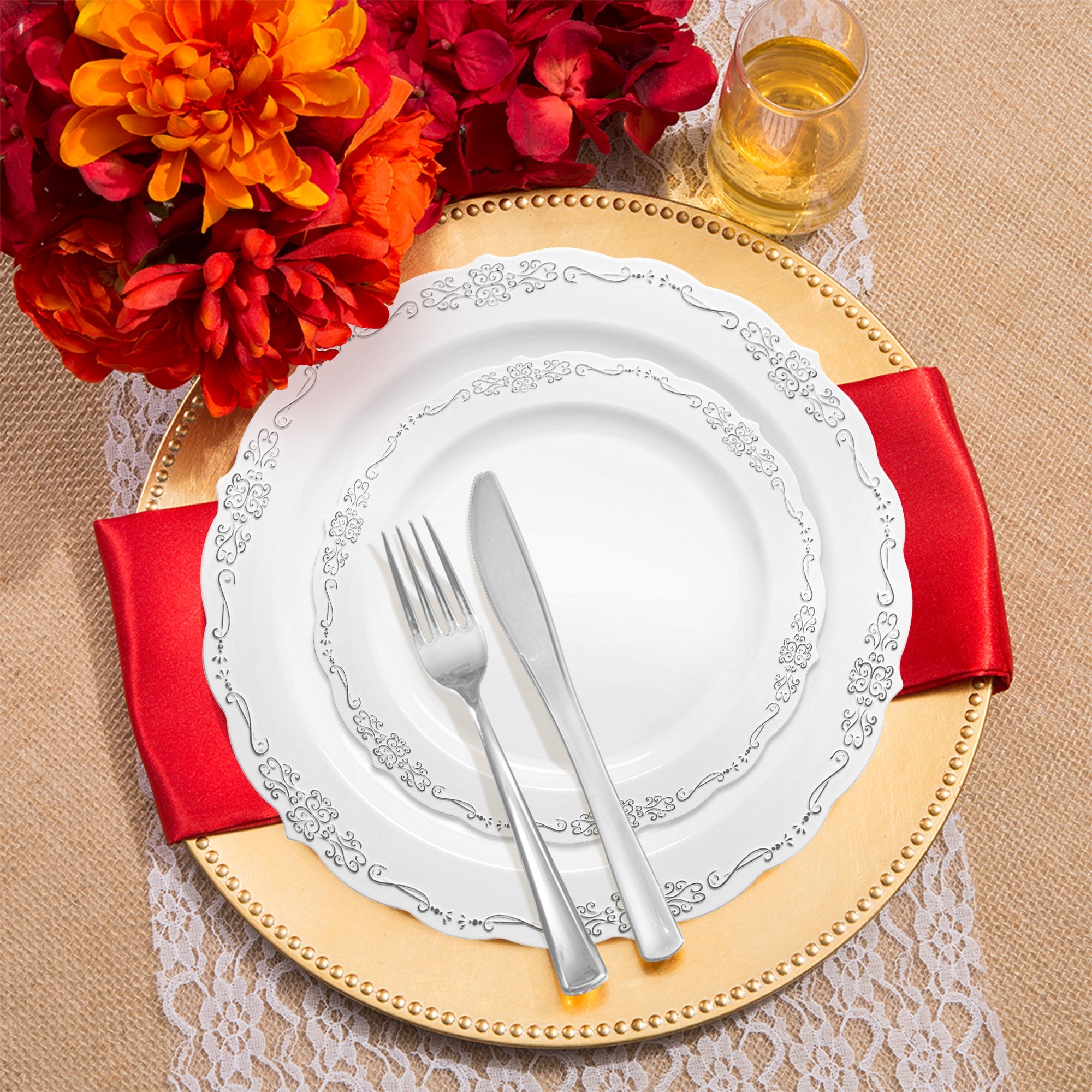 White with Silver Vintage Rim Round Disposable Plastic Wedding Value Set