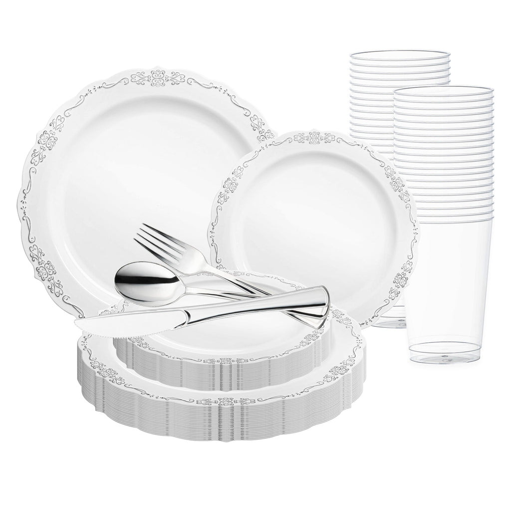 White with Silver Vintage Rim Round Disposable Plastic Wedding Value Set
