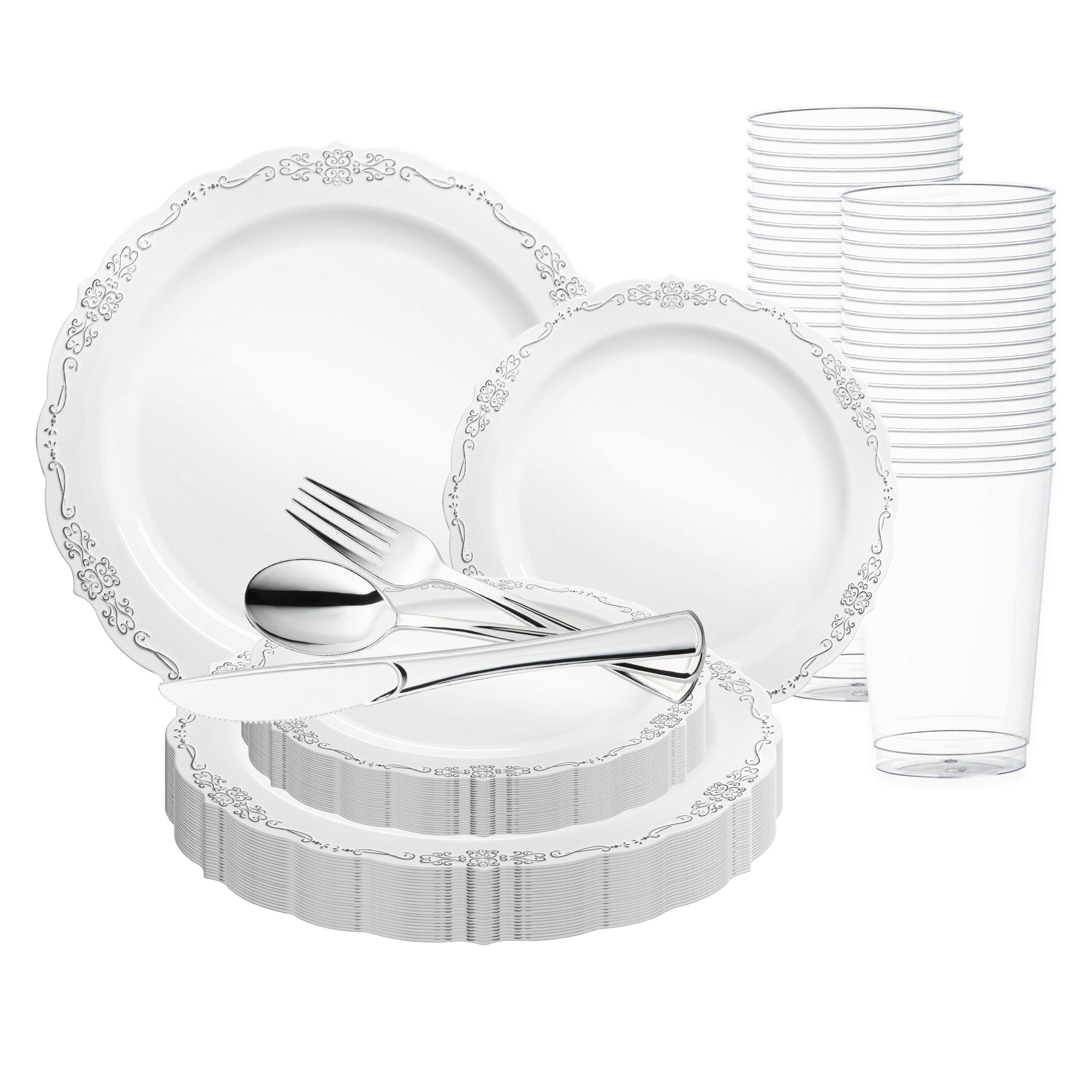 White with Silver Vintage Rim Round Disposable Plastic Wedding Value Set